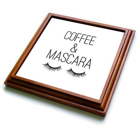3dRose Stamp City - Typography - Coffee and Mascara in Black Letters on White with Closed Eyelashes. - 8x8 Trivet with 6x6 Ceramic Tile (trv_321504_1)
