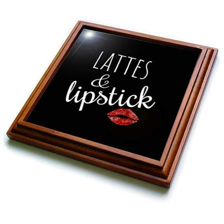 3dRose Stamp City - Typography - Lattes and Lipstick with a red kiss. White Lettering on Black. - 8x8 Trivet with 6x6 Ceramic Tile (trv_321686_1)