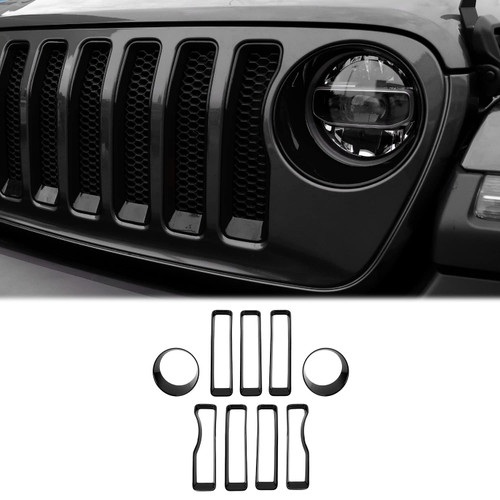 CheroCar for JL Mesh Grille Grill Insert & Headlight Turn Light Cover Trim Exterior Accessories for Jeep Wrangler JL 2018-2022,Black