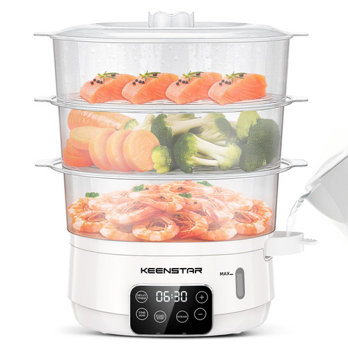 Electric Food Steamer, 13.7QT Vegetable Steamer with 3 Tiers BPA-Free Baskets, Digital Steamer with Appointment and Timer, 800W Simultaneous Cooking, Ideal for Veggies Seafood Rice White