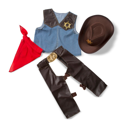 Melissa & Doug Cowboy Role Play Costume Set (5 pcs) - Includes Faux Leather Chaps - Cowboy Dress-Up Role Play Costume With Vest For Boys And Girls