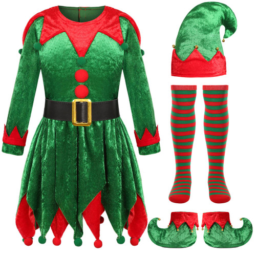 Soyoekbt Girls Christmas Elf Costume Xmas Santa Helper Costume for Girls Elf Velvet Costume Dress (5-6 Years)