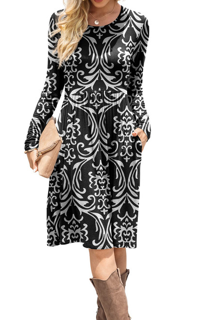 DB MOON Women Casual Long Sleeve Dresses Empire Waist Knee Length Loose Dress with Pockets (Black and White, 2XL) DB MOON Women Casual Long Sleeve Dresses Empire Waist Knee Length Loose Dress with Pockets (Black and White, 2XL)