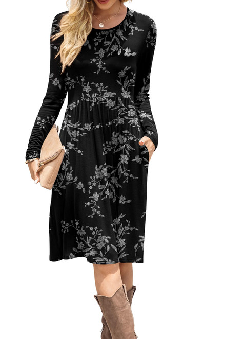 DB MOON Women Casual Long Sleeve Dresses Empire Waist Loose Dress with Pockets (White Flower Black, XL) DB MOON Women Casual Long Sleeve Dresses Empire Waist Loose Dress with Pockets (White Flower Black, XL)