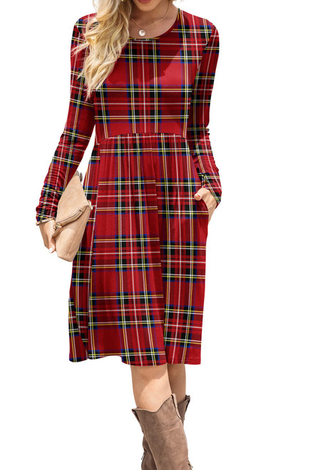 DB MOON Womens Casual Long Sleeve Dresses Empire Waist Knee Length Loose Dress with Pockets (DBL Red Plaid, XL) DB MOON Womens Casual Long Sleeve Dresses Empire Waist Knee Length Loose Dress with Pockets (DBL Red Plaid, XL)