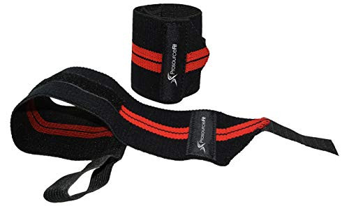 ProsourceFit Pair of Barbell Weight Lifting Wrist Wraps Support with Thumb Loop, Red, One Size