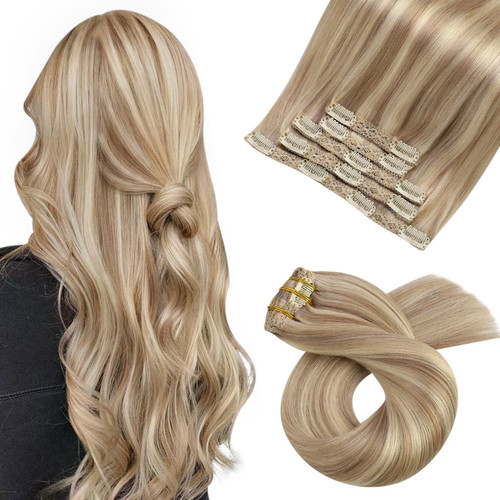 Moresoo Human Hair Clip in Extensions Blonde Double Weft Clip in Human Hair Extensions Dark Ash Blonde with Golden Blonde Hair Extensions Real Human Hair Clip ins 5pcs/70g 12 Inch