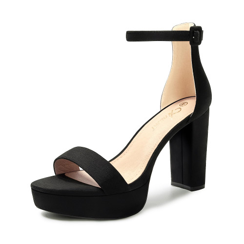 Athlefit Women's Platform Heels 4 Inches Open Toe Ankle Strap Chunky High heels Dress Pump Sandals Black Size 8