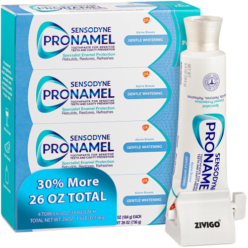Sensodyne'-Pronamel' Gentle Teeth Whitening, Enamel Toothpaste for Sensitive Teeth, to Reharden and Strengthen Enamel, 4 Large Tubes of 6.5 oz (Total 26 oz) + Bonus Zivigo Toothpaste Squeezer