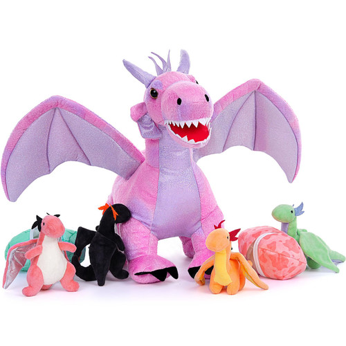 MaoGoLan 7 Pcs Dragon Plush Stuffed Animal,Large Stuffed Dragon Plush Bulk,Pink Dragon Plush Toy Set,Stuffed Mom Dragon with 4 Babies and 2 Eggs Plush for Girl Boy Kid