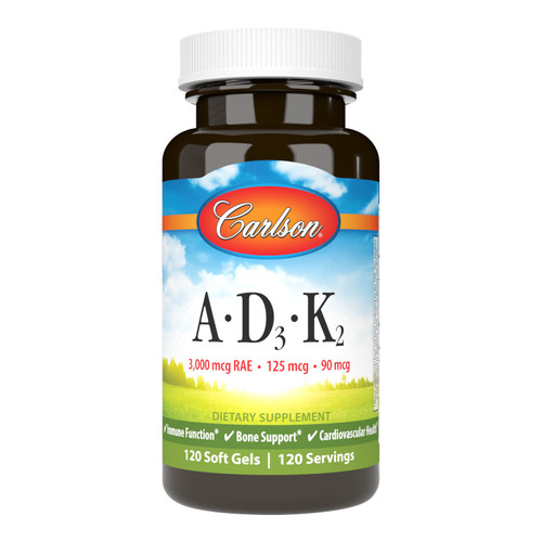 Carlson - Vitamins A, D3, K2, 3000 mcg RAE Vitamin A, 125 mcg Vitamin D3, 90 mcg Vitamin K2 as MK-7, Bone Building, Calcium Utilization, 120 Soft Gels Carlson - Vitamins A, D3, K2, 3000 mcg RAE Vitamin A, 125 mcg Vitamin D3, 90 mcg Vitamin K2 as MK-7, Bone Building, Calcium Utilization, 120 Soft Gels
