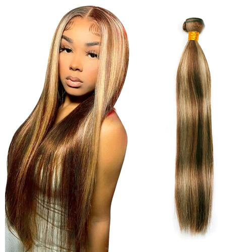 Brown Bundles P4/613 Straight Human Hair Bundles 20 Inch 8A Grade Unprocessed Brazilian Virgin Hair 1 Bundle Honey Blonde Straight Bundles Remy Human Hair Extensions P4/613 Bundles