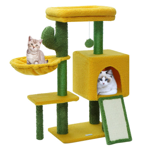 BYPASS Cat Tree Cactus Cat Tower with Sisal Scratching Post for Indoor Cats, Cozy Condo with Hammock, Plush Perches and Dangling Ball, Cat Furniture for Kittens Adult Cats