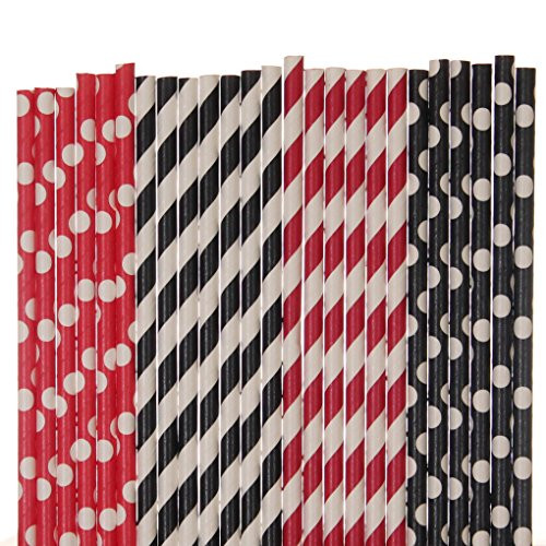 Biodegradable Paper Straws Mix, Black And Red, Polka Dot Striped (25)