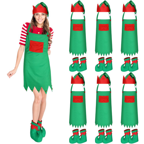 Xtinmee 18 Pcs Christmas Elf Kits Include Elf Aprons Elf Hats Elf Shoes Red and Green Adult Elf Costume Elf Accessories for Women Men Gifts Holiday Party Costume Supplies