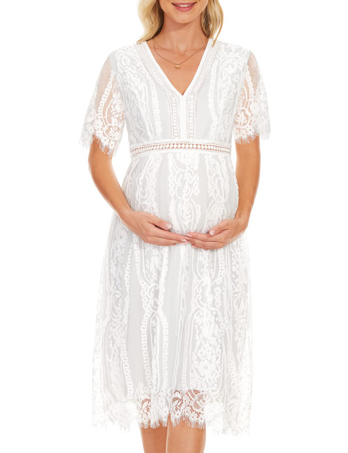 Maternity Dress Boho Maternity Dress Maternity Dress for Photoshoot Maternity Dress Summer Lace Maternity Dress Maternity Midi Dress (White2.0 M)