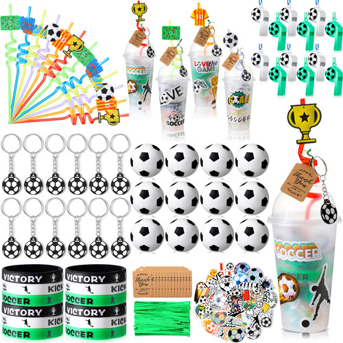 Weysat 184 Pcs Soccer Party Favors, Soccer Party Supplies with Cup Straw Stress Ball Keychain Sticker Bracelet Whistle Thank You Tags for Kids Soccer Birthday Decorations (Soccer)