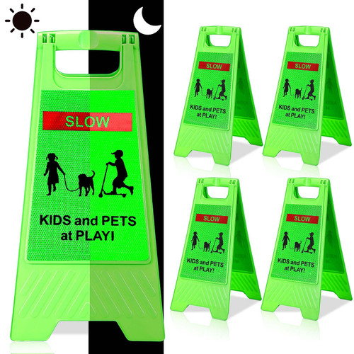 Xuhal 4 Pcs Kids at Play Signs Caution Children at Play Safety Signs for Street Reflective Slow Down Signs for Neighborhoods 2 Sided Kids and Pets at Play Warning Sign for School Sidewalk Driveway