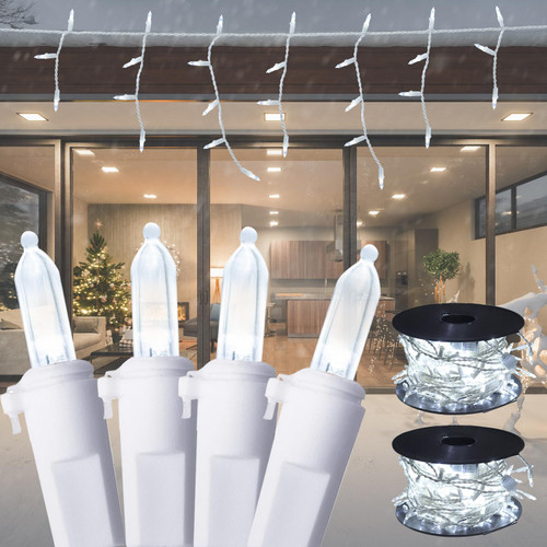 New One 2 Pack Icicle Lights with Cord Reel, 46.7 FT 250 LEDs Cool White Icicle Christmas Lights with White Wire, Connectable Icicle String Lights with 120 Drops, Holiday Party Led Icicle Lights