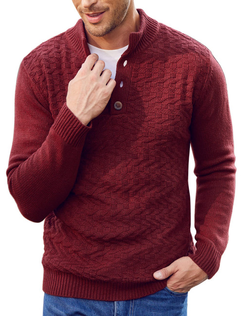 COOFANDY Men Cable Knit Sweaters Mock Neck Pullover Sweater Thermal Sweatershirt Wine Red