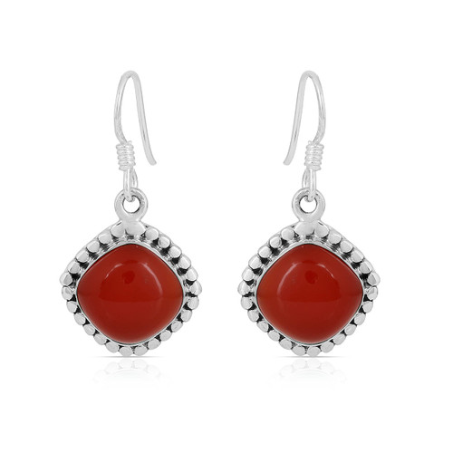 Bali Style Red Onyx Semi Precious Gemstones Cushion Shape Dangle Drop Earrings For Women Oxidized 925 Sterling Silver For Christmas, New Year and Valentine's Day gift