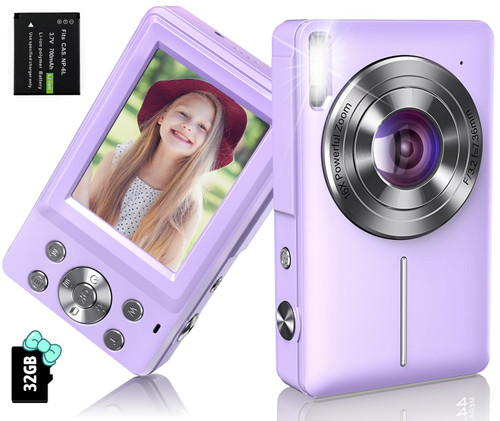 Digital Camera, 2023 Newest Camera for Kids with 32GB Card, 16X Zoom,1080P Point and Shoot Digital Camera with Anti-Shake, Timestamp, Flashlight, Compact Travel Camera for Teens, Girls,Boys, Purple