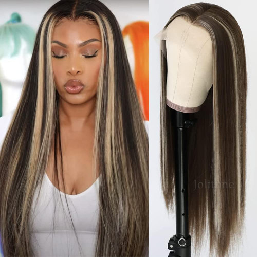 Jolitim Highlight Lace Front Wigs Pre Plucked Long Straight Hair Ombre Brown Platinum Blonde Synthetic Lace Front Wigs for Women Glueless Heat Resistant Hair Wig Jolitim Highlight Lace Front Wigs Pre Plucked Long Straight Hair Ombre Brown Platinum Blonde Synthetic Lace Front Wigs for Women Glueless Heat Resistant Hair Wig
