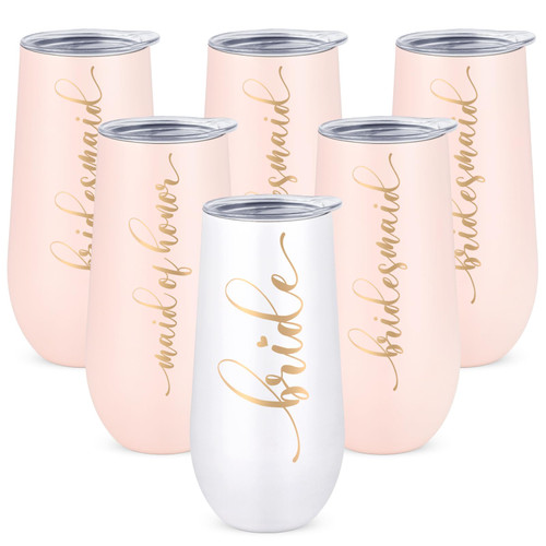 Lifecapido Wedding Gifts - 6 Pack Bride and Bridesmaid Champagne Flutes, Bachelorette Party Champagne Tumbler 12oz, Bridesmaid Proposal Gifts for Wedding Engagement Bridal Shower (White and Pink)
