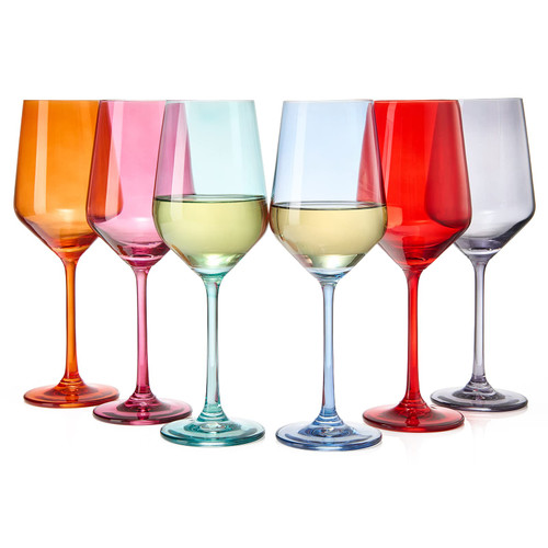 Colored Wine Glass Set, Large 12 oz Glasses Set of 6, Unique Italian Style Tall Stemmed for White& Red Wine, Water, Margarita Glasses, Color Tumbler, Gifts, Viral Beautiful Glassware - Dinner Party