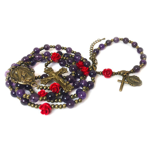 Immaculate Heart of Mary Purple Amethyst Rosary Beads Catholic for Women and Rosary Bracelet for Women Set - Rosary & Miraculous Medal Bracelet - Catholic Rosary - Rosarios Catolicos Para Mujer - Catholic Gifts Women - Rosario Regalos Para Mujer