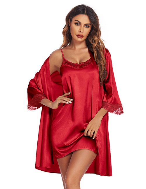 Ekouaer Silk Robe Set Women's Sexy Satin Sleepwear Bridesmaid Pajama Cami Nightgown 3/4 Sleeve Kimono Robes, Red L Ekouaer Silk Robe Set Women's Sexy Satin Sleepwear Bridesmaid Pajama Cami Nightgown 3/4 Sleeve Kimono Robes, Red L