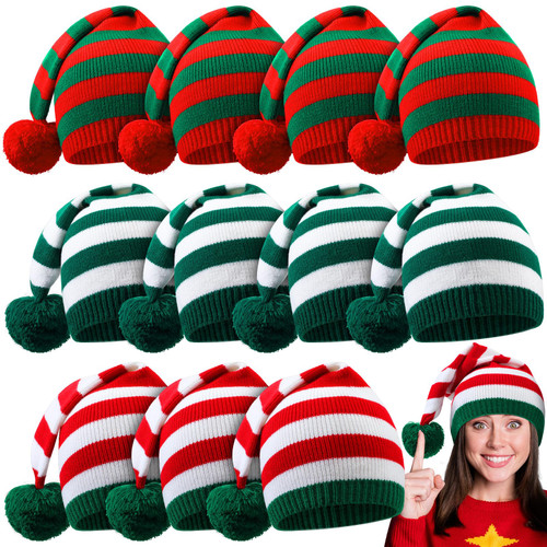 Xtinmee 12 Pieces Knitted Santa Hats Adult Christmas Elf Hat Warm Crochet Winter Xmas Knit Beanie Striped Long Stocking Skull Cap with Pompom Bulk for Women Men Christmas Costume