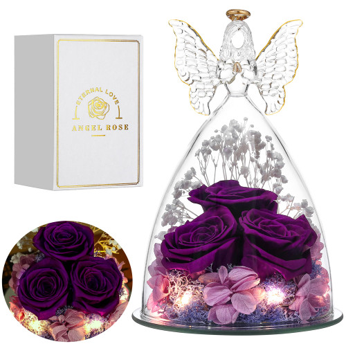 Tiaronics Mothers Day Flower Gifts Glass Angel Figurine with Three Roses Gifts, Preserved Forever Real Rose Gifts for Women, Angel Guardian with Rose for Valentine Day Mothers Day - Purple Tiaronics Mothers Day Flower Gifts Glass Angel Figurine with Three Roses Gifts, Preserved Forever Real Rose Gifts for Women, Angel Guardian with Rose for Valentine Day Mothers Day - Purple