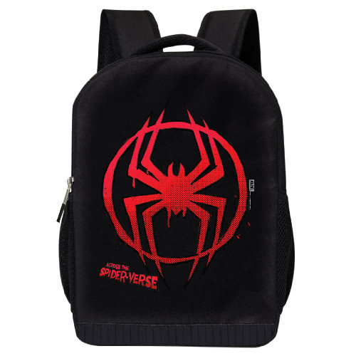 Marvel Comics Spiderman Backpack - Into The Spider-Verse Black Knapsack 16 inch Mesh Padded Bag (Spider Logo)