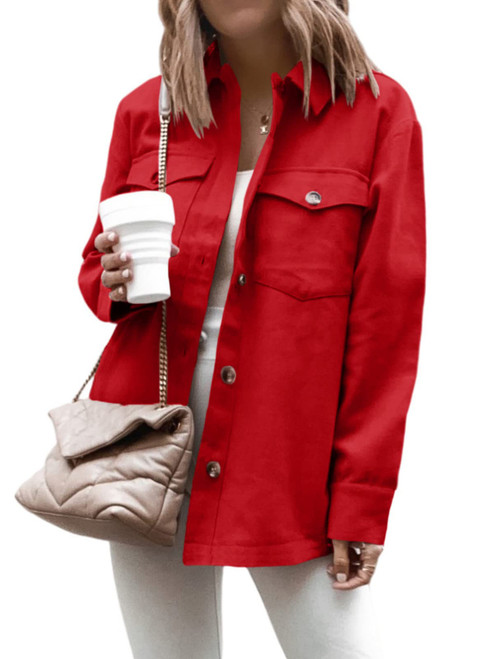 Cnkwei Shacket Jacket Women Button Down Shirt Jacket lightweight Casual Long Sleeve Solid Color Womens Shacket with Pockets Red