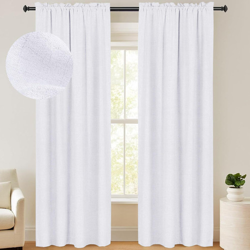 100% Blackout Shield White Blackout Curtains for Bedroom 84 Inches Long 2 Panels Set, Linen Textured Blackout Curtains, Thermal Insulated Rod Pocket Window Curtains & Drapes, 50W X 84L, Bright White