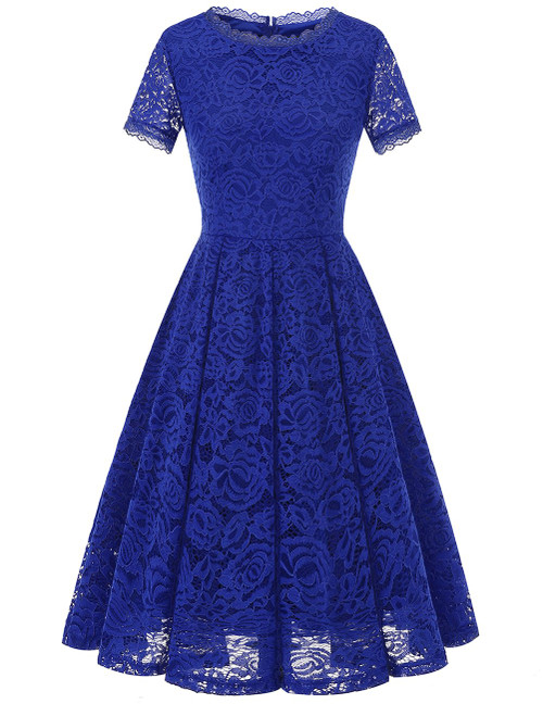 DRESSTELLS Elegant Wedding Guest Dress, Tea Length Mother of The Bride Dresses, Lace Bridesmaid Dress, Semi Formal Cocktail Dresses, Vintage Evening Party Formal Dress with Sleeves RoyalBlue L