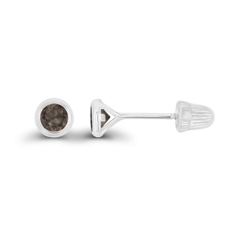 Solid 14K White Gold 3mm Round Natural Smoky Quartz June Birthstone Bezel Screw Back Stud Earrings