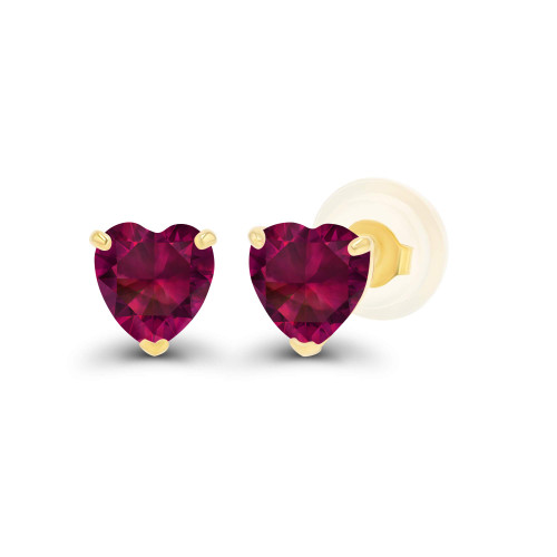Solid 14K Yellow Gold 4mm Heart Created Red Ruby July Birthstone Genuine Stud Earrings For Women and Girls