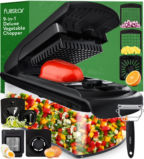 Fullstar Vegetable Chopper - Spiralizer Vegetable Slicer - Onion Chopper with Container - Pro Food Chopper - Slicer Dicer Cutter - (9 in 1, Black)