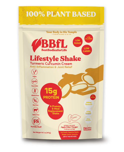BBfL Meal Replacement Shakes, 15g Protein, Vegan Plant Based Protein Powder, 750mg Turmeric & Curcumin 95% Black Pepper Extract, Apple Cider Vinegar, ?Digestive Enzymes, All in One Shake for Women & Men (15 Servings, Turmeric Curcumin Cream)