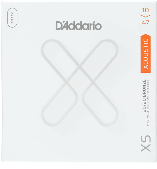 D'Addario Guitar Strings - XS 80/20 Bronze Coated Acoustic Guitar Strings - XSABR1047-3P - Maximum Life with Smooth Feel & Exceptional Tone - For 6 String Guitars - 10-47 Extra Light, 3 Pack