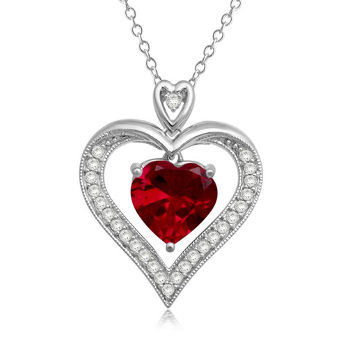 Jewelili Heart Pendant Sterling Silver with 9MM Created Ruby and 1.25 MM Round Created White Sapphire Necklace Pendant 18 inch Cable Chain