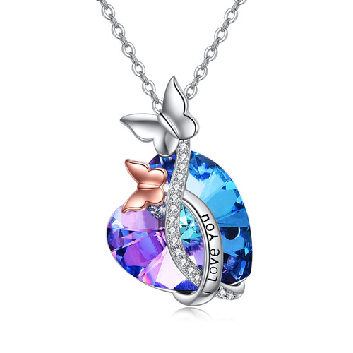 AOBOCO Love Heart Butterfly Necklace 925 Sterling Silver Butterflies Crystal Pendant Mom Mothers Day Gifts, Anniversary Birthday Jewelry for Women Mom Wife Girlfriend