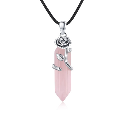 OHAYOO Crystal Rose Quartz Pendant Necklace for Women 925 Sterling Silver Wrapped Healing Stone Rose Flower Hexagonal Quartz Pendant Gifts for Women Girls OHAYOO Crystal Rose Quartz Pendant Necklace for Women 925 Sterling Silver Wrapped Healing Stone Rose Flower Hexagonal Quartz Pendant Gifts for Women Girls