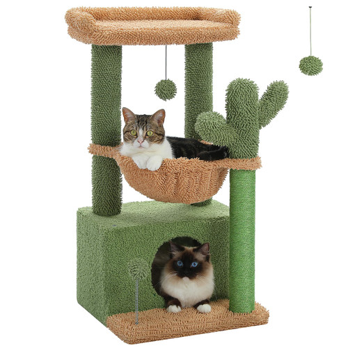 PEQULTI 4-in-1 Cactus Cat Tree, 33 Inches Cat Tower for Indoor Cats with Large Cat Condo, Cat Scratching Post for Indoor Cats with Deep Hammock & Cozy Top Perch,Green
