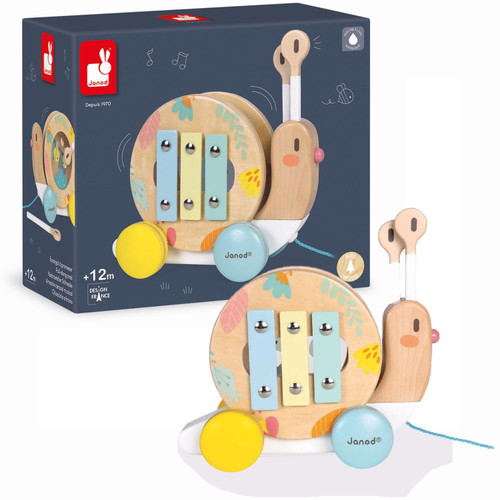 Janod Pure Pull Along Snail - Wooden 2-in1 Musical Toy - Ages 1+ - J05159