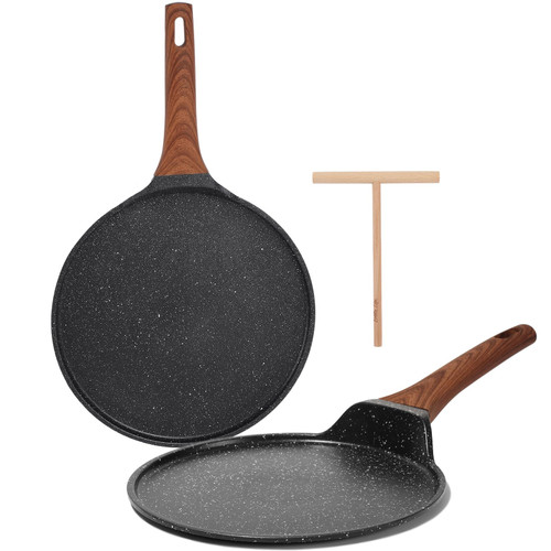 ESLITE LIFE Nonstick Crepe Pan Set with Spreader, 9.5 & 11 Inch Granite Coating Flat Skillet Tawa Dosa Tortilla Pan, Compatible with Gas, Electric & Induction, PFOA Free, Black
