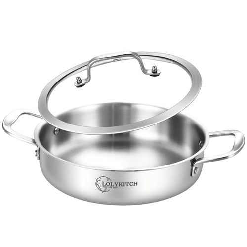 LOLYKITCH 3QT Tri-Ply Stainless Steel Saute Pan wih Lid,10 Inch Frying pan,Small Skillet,Jumbo Cooker,Induction Pan,Dishwasher and Oven Safe. LOLYKITCH 3QT Tri-Ply Stainless Steel Saute Pan wih Lid,10 Inch Frying pan,Small Skillet,Jumbo Cooker,Induction Pan,Dishwasher and Oven Safe.