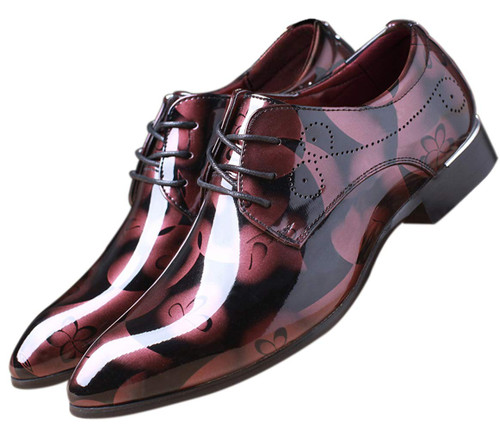 Men Fashion Shoes Dress Pointed Toe Floral Patent Leather Lace Up Oxford Red 10.5 US